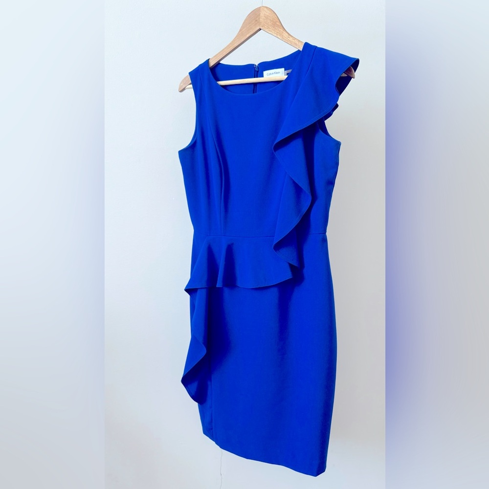 Calvin Klein, Sleeveless, ruffle accents, midi, royal blue dress
